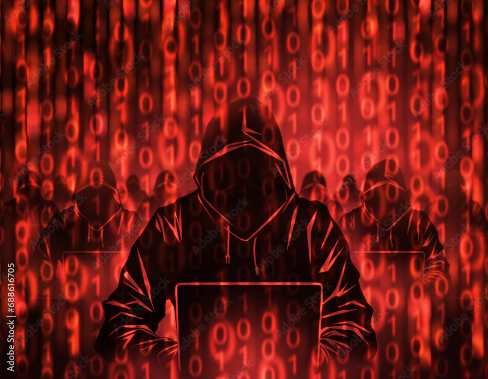 Poster hacker team. cyber background. silhouettes of people in hood with laptop. binary code metaphor cyber