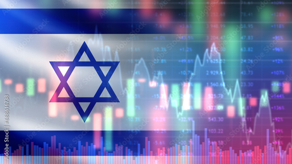 Sticker economy israel. falling financial chart. crisis of israel economy. stock exchange quotes. problems i