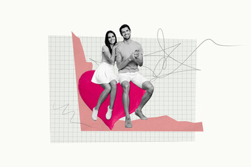 Creative abstract template collage of positive couple sit heart smartphone dating concept valentine day fantasy billboard comics zine