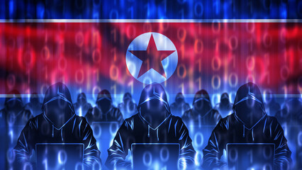 North Korea cyber army. Hackers with laptops. Silhouettes of people in hoods. Flag of DPRK with binary code. Cyber army uses internet. Computer specialists from north Korea. 3d image