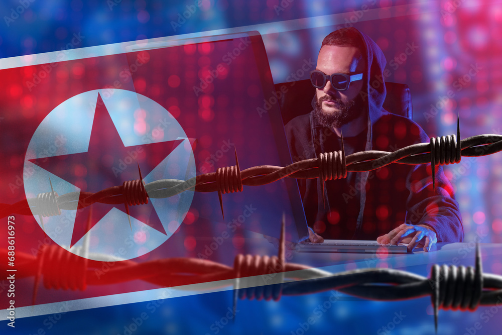 Poster programmer with north korea flag. man is sitting near laptop. barbed wire near hacker. hacking korea