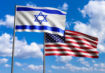 Flags US and Israel. Political banners in sky. Relations between US and Israel. National symbols on flagpoles. US support for Israel concept. Flags flutter in wind. United states of America. 3d image