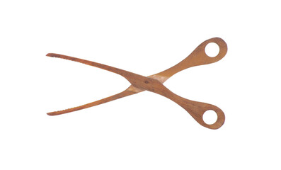 wooden kitchen tongs isolated on white background