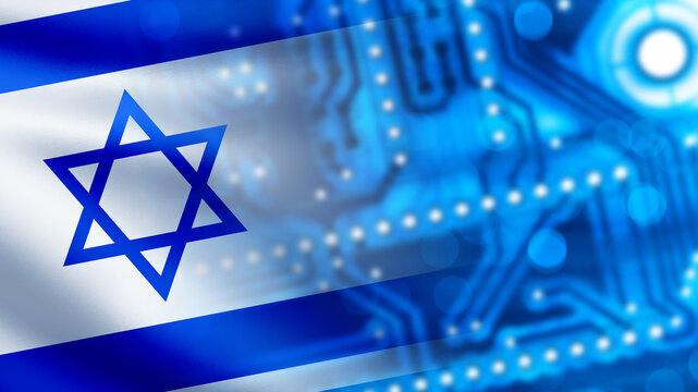 Microplate with Israel flag. Computer chip close up. Microelectronics production in Israel. National technology concept. Blue microplate with symbol of Israel. PCB technology. 3d image