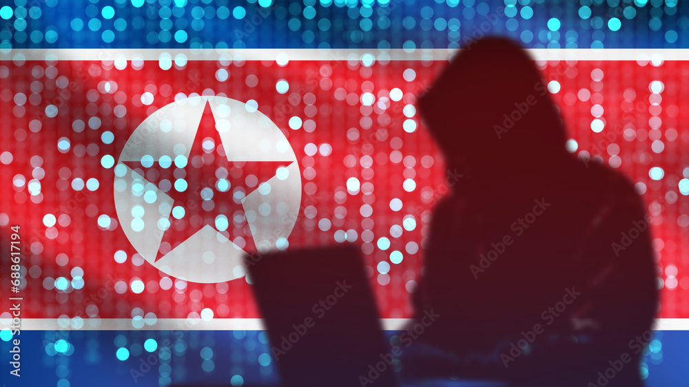 Poster north korea flag. hacker silhouette. cyber criminal with laptop. hacker attack from north korea. sof