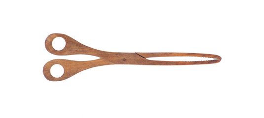 wooden kitchen tongs isolated on white background