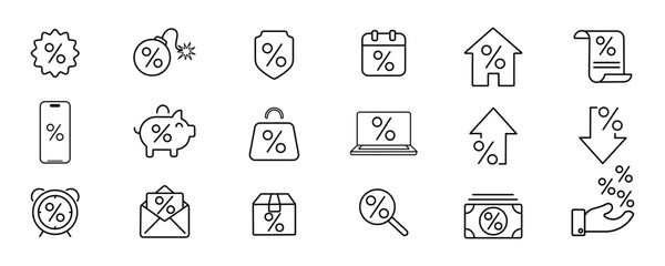 Financial interests related line icons set. Debt and credit with interest, percent linear icons vector. Credit and credit money built finance vector eps10