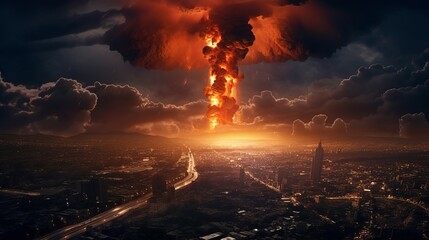 The consequences of a nuclear war. The ruins of the city, scorched nature against the background of the smoke of a nuclear explosion - obrazy, fototapety, plakaty