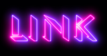 Glowing neon-colored link word text illustration with a glowing neon-colored outline on a dark background in high-resolution. Technology video material illustration in high-resolution.