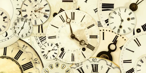 Fotobehang Retro styled image of a collection of vintage weathered clock faces © Martin Bergsma