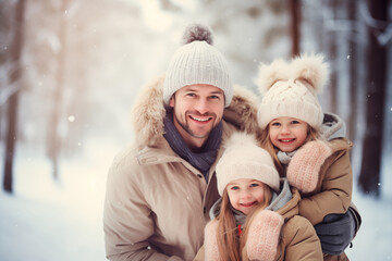 Fototapeta na wymiar Happy Family - father with two kids having fun winter Outdoors. Snow. Winter Vacation