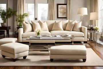 A contemporary cream-colored loveseat paired with matching ottomans, placed elegantly on a polished hardwood floor in a pristine living space exuding sophistication.