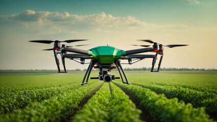 A smart farming drone flies over a green field and carries out watering, modern technologies in agriculture - obrazy, fototapety, plakaty