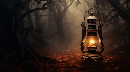 Old lantern with misty Halloween forest