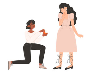 A woman gets down on one knee and proposes to a woman