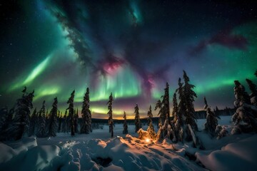A breathtaking aurora dancing across the star-studded night sky above a snow-covered wilderness.