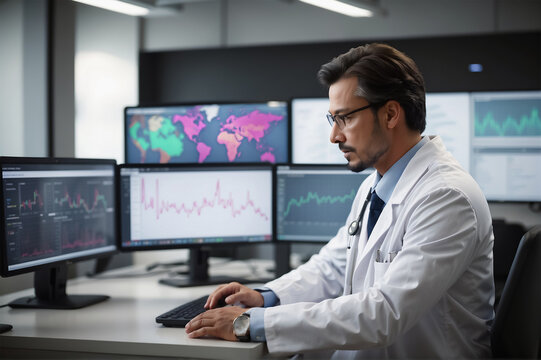 An infectious disease doctor looks at monitors with graphs of the growth of the incidence.