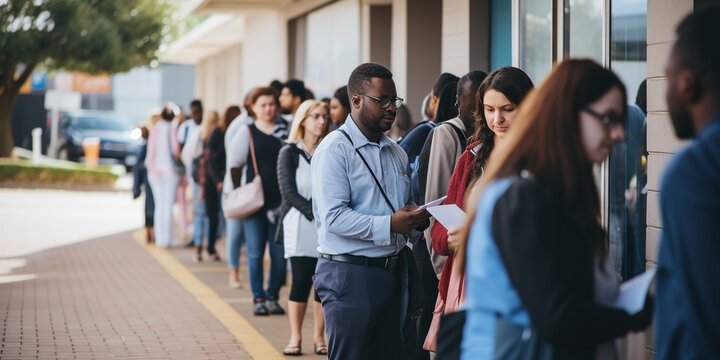 A queue of diverse individuals waiting outside a medical facility, highlighting the challenges and inequalities in accessing healthcare, concept of Healthcare disparity