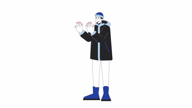 Winter outerwear man frostbite fingers line cartoon animation. Injury cold 4K video motion graphic. Caucasian guy suffering from frostnip 2D linear animated character isolated on white background
