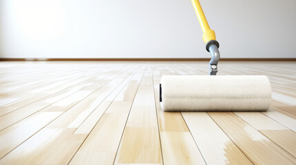 Paint roller painting the parquet floor