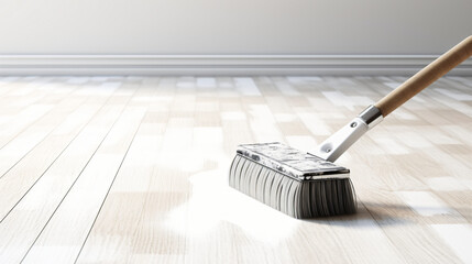 Paint roller painting the parquet floor - obrazy, fototapety, plakaty