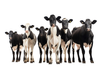 Front view of a small herd of black and white Friesian cows, isolated on a transparent background - obrazy, fototapety, plakaty