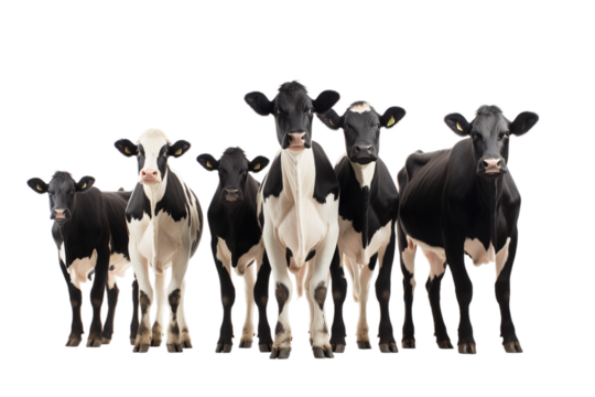 Front view of a small herd of black and white Friesian cows, isolated on a transparent background