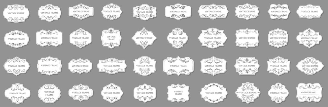 Ornamental label frames. Old ornate labels, decorative vintage frame and retro badge vector symbols set