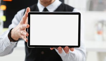 Male arm show tablet pc screen to camera closeup. Stock market student management time chat addict electronic bank modern lifestyle job plan share blog tweet mania news web application