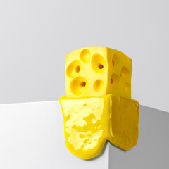 Square slice of cheese melts standing on corner of white cube with copy space.