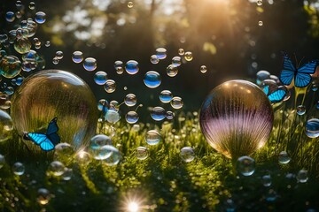 A whimsical meadow with bubbles rising like dreams, each carrying a butterfly in a cocoon stage, the overall mood evoking a sense of metamorphosis and the beauty of transformation