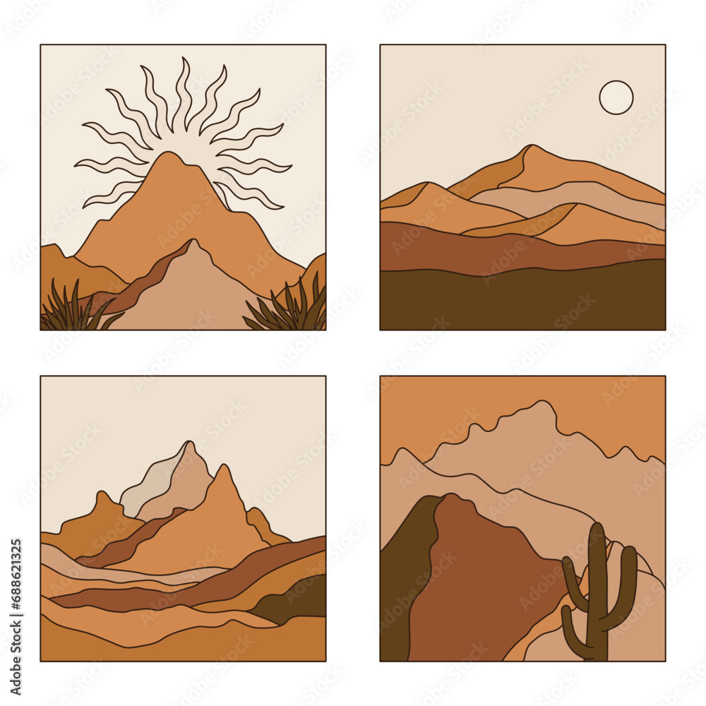 Poster Vector illustration in simple line style - boho abstract print - simple natural landscape with mountains and hills..