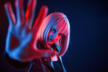 Hand in front of her. Woman with white hair is in studio with neon colors