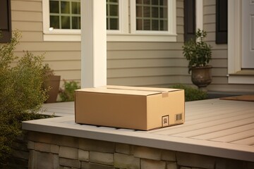 Home delivery convenience. Pile of cardboard packages at doorstep. Online shopping delight. Stack of parcels ready. Swift shipping service. Brown cardboard boxes arranged at entrance