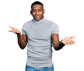 Young black man wearing casual t shirt smiling cheerful offering hands giving assistance and acceptance.