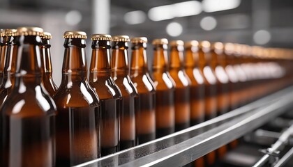 Brown glass beer drink alcohol bottles, brewery conveyor, modern production line