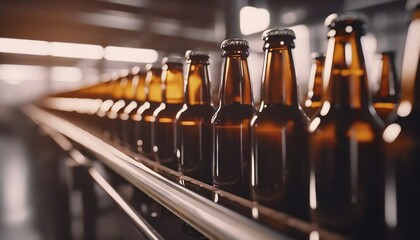Brown glass beer drink alcohol bottles, brewery conveyor, modern production line - obrazy, fototapety, plakaty
