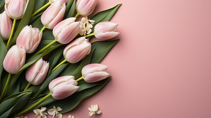 Tulips on a light pink background. Christ is risen. Women or mother greeting card or spring sale banner. Valentine's day, birthday celebration concept. Flat lay, top view with copy space
