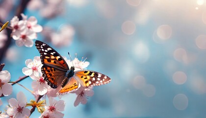 Obraz premium butterfly on a sakura branch against the sky, web banner size with empty space