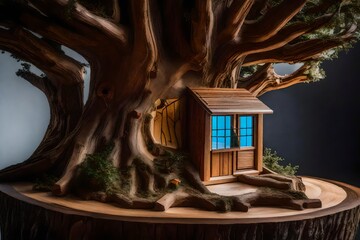 Obraz na płótnie Canvas A tactile sculpture of a tree with a small door, crafted from wood and mixed media, creating a tangible representation of a house within a tree