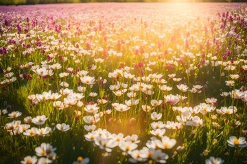 A vibrant Spring Background captured in a photograph, showcasing a field of blossoming flowers in various hues, bathed in soft sunlight