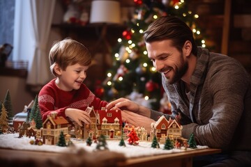 Happy kid playing at home in christmas and new year 2024 holiday comeliness