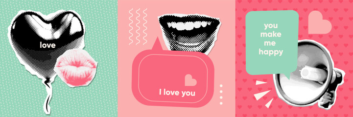 Valentine's day collage square compositions set. Contemporary art mixed media with halftone paper cut symbols heart balloon, megaphone, female mouth. Retro vector illustration with paper stickers. - obrazy, fototapety, plakaty