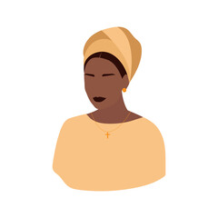 Black catholic woman in turban with cross, flat modern illustration. Isolated