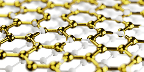 nanomaterial, mesh, molecular hexagonal structure, honeycomb connection of molecules in gold liquid, abstract hi-tech design