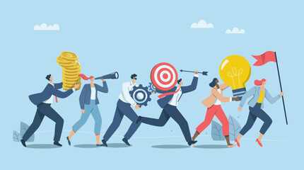 Working as team with creative thinking, solving problems in organizations, Launching new project, product, Group of business people running holding flag, light bulbs, gears, targets, binoculars, coin. - obrazy, fototapety, plakaty