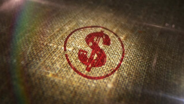 Dollar symbol sign stamp on natural linen sack. USD american money USA sign 3D rendered design abstract concept. Looped and seamless animation.