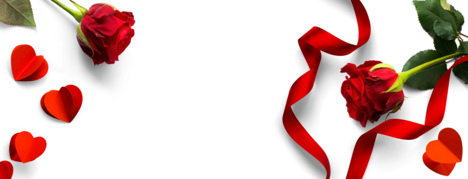Valentine's Day design elements isolated on white background. Rose Flower and Pairs of Red Hearts, Red silk ribbon with natural transparent shadow on transparent background, clipping path  png