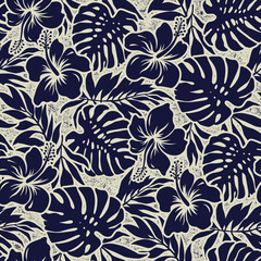 Blue hibiscus flowers with tropical leaves wallpaper vintage vector seamless pattern  - obrazy, fototapety, plakaty
