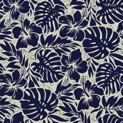 Foto auf Leinwand Blue hibiscus flowers with tropical leaves wallpaper vintage vector seamless pattern  © PrintingSociety